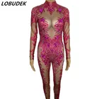 Женский Облегающий комбинезон стразы, розовыйсинийбелый комбинезон для диджея, сценическая одежда для певицы, эластичное боди с кристаллами, костюм для танцев в ночном клубе