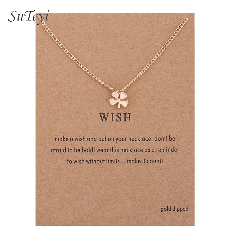 SUTEYI Мода Золотой цвет четыре кулон в виде клевера ожерелье длинная цепочка Wish ожерелье s для женщин Подарочное кольцо с картой