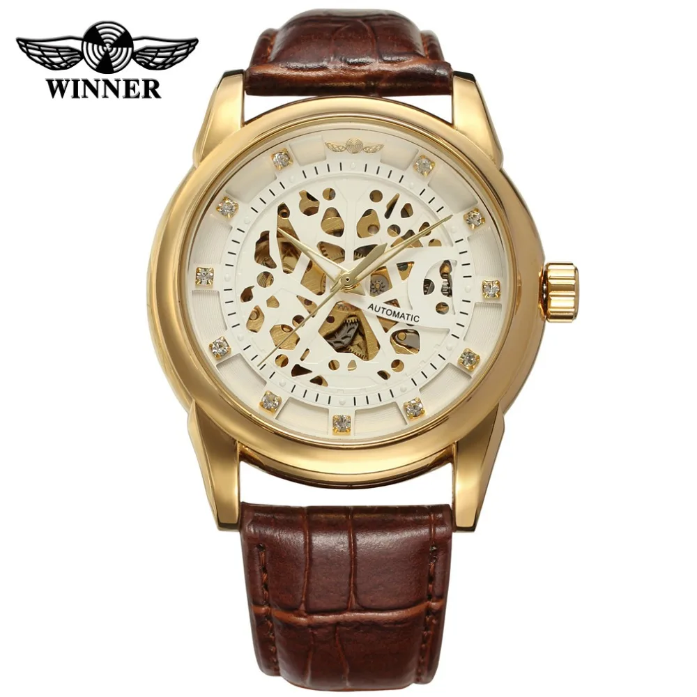 Роскошный чехол золотого цвета из сплава с белым циферблатом и коричневым