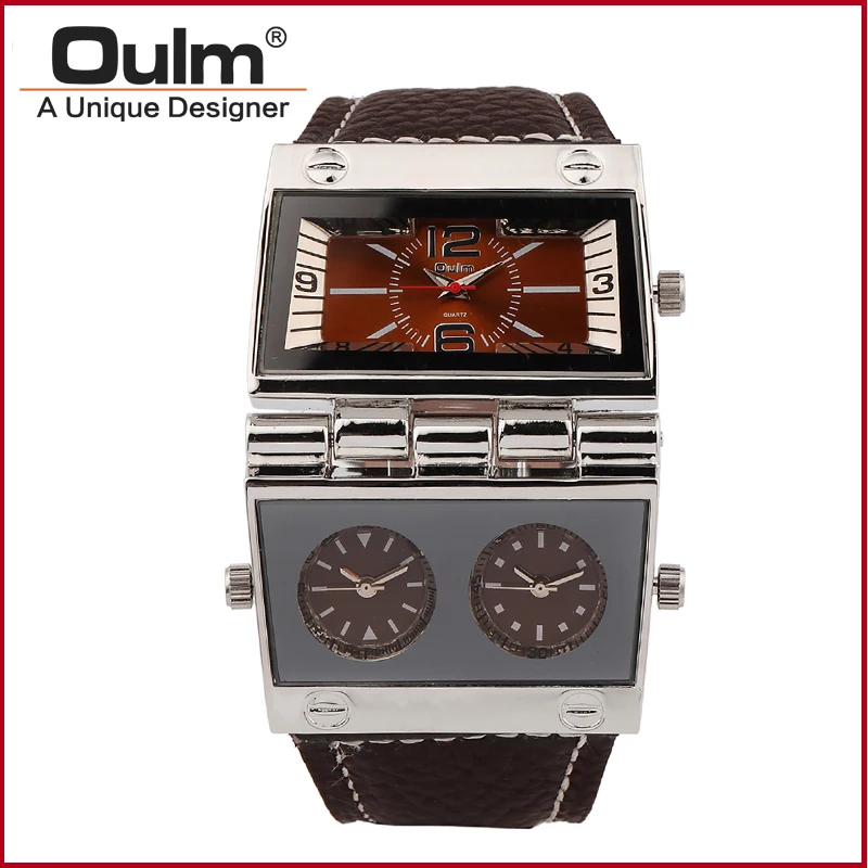 

OULM Brand Mens Watch Leather Strape Wristwatch Multiple Time Zone Quartz Watch Black White Luxury Timepiece