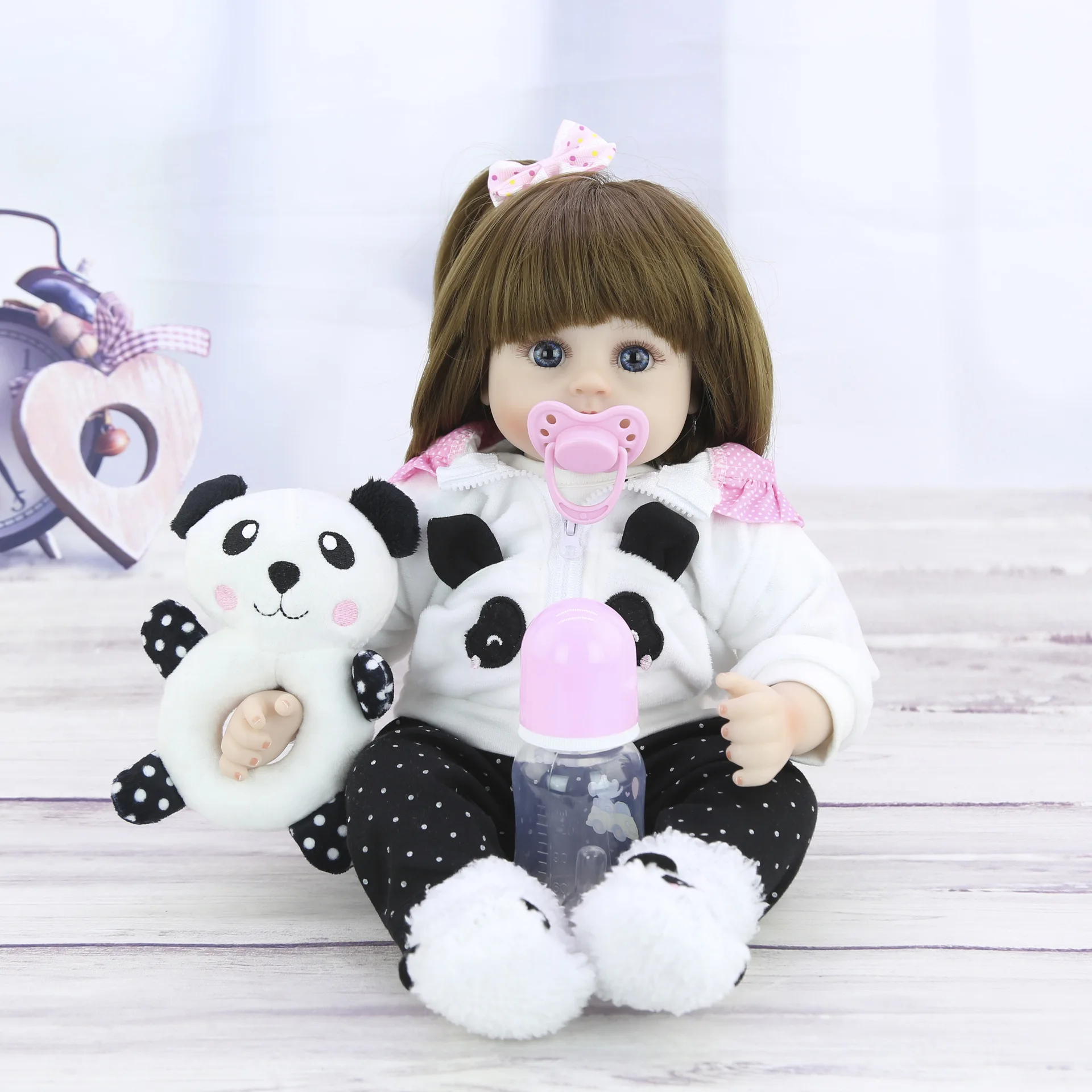Bebe baby reborn dolls длинные черные волосы для девочек силиконовые руки и ноги 47 см