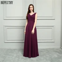 bepeithy new arrival vestido de festa longo v neck pleats burgundy a line long bridesmaid dresses chiffon 2019