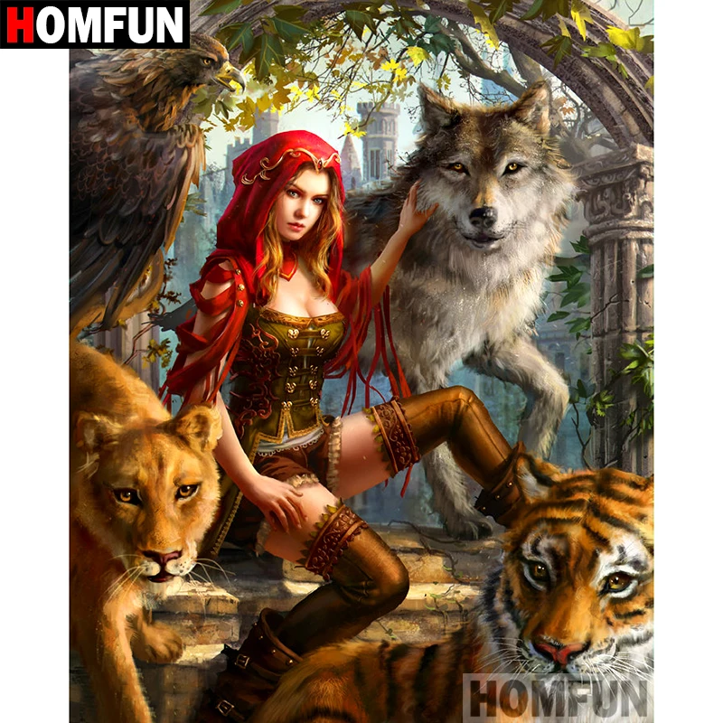 HOMFUN 5D DIY Diamond Painting Full Square/Round Drill "Girl Wolf Tiger" Embroidery Cross Stitch gift Home Decor Gift A08021