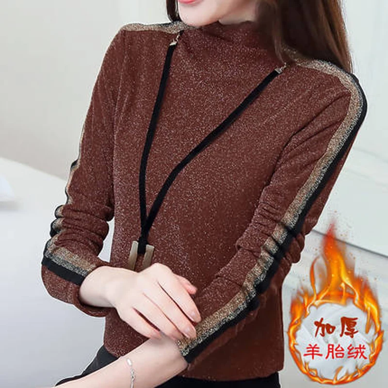 2017 Для женщин AutumnWinter футболка плюс бархат Большие размеры Длинные рукава стенд