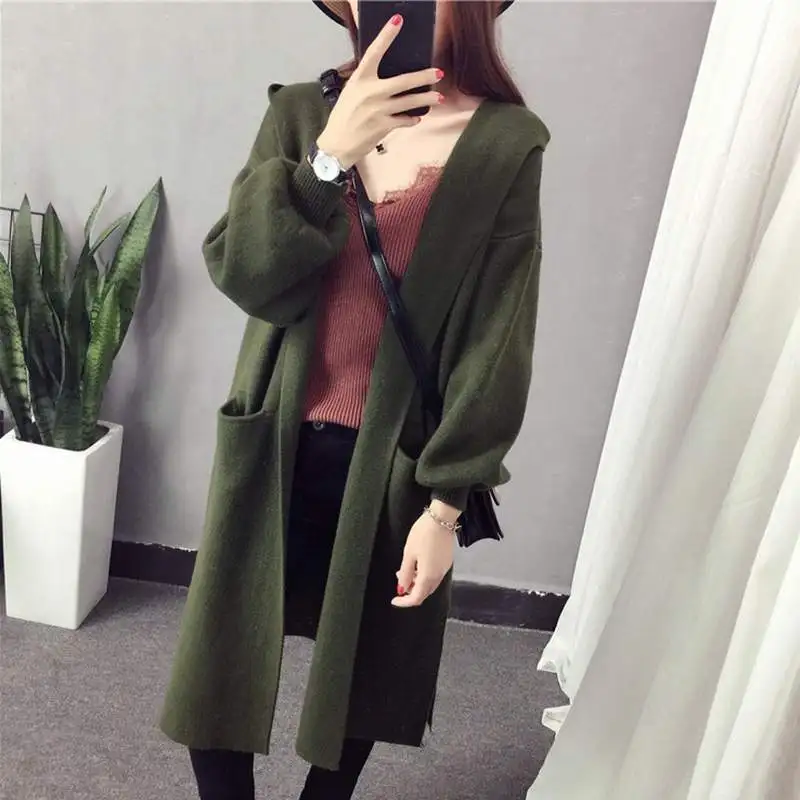 Warm Hooded Knit Long Female Cardigan Korean Winter Faux Cashmere Sweater for Women Feminine Coat Ladies Sweaters |