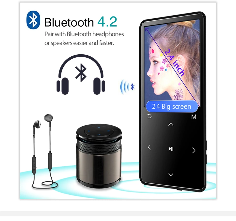 MP3 плеер с Bluetooth, fm-радио, динамик, наушники с сенсорными клавишами, экран 2,4 дюйма, HiFi, Walkman, спортивный MP 3 Flac музыкальный плеер для детей