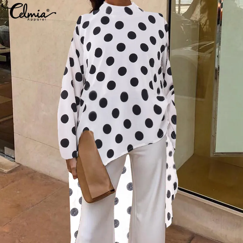 Модная новинка года. Женские осенние длинные блузки в горошек. Повседневные рубашки в винтажном стиле. Свободные Асимметричные блузы размера плюс