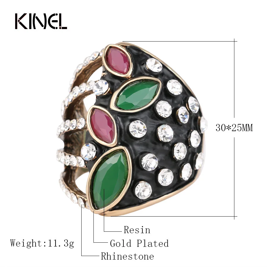 Женское Винтажное кольцо с крупными кристаллами золотого цвета черной эмалью