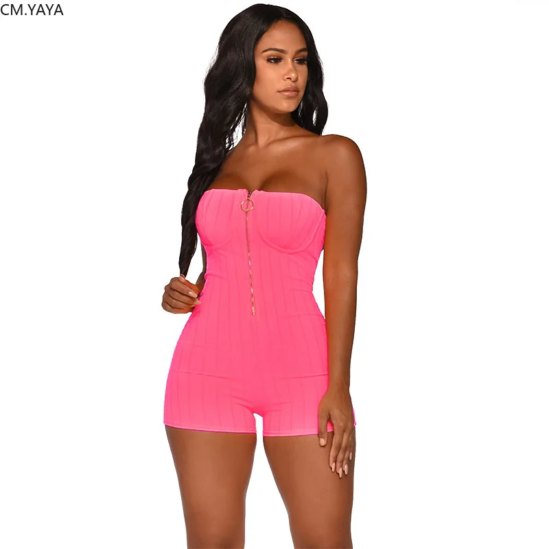 Женский трикотажный короткий комбинезон на молнии Облегающий без бретелек с