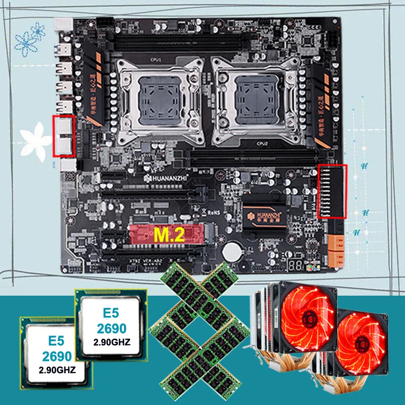 

HUANANZHI X79-4D Dual Socket Motherboard Bundle M.2 NVMe SSD Slot 2 CPU Intel Xeon E5 2690 with Coolers RAM 64G(4*16G) REG ECC