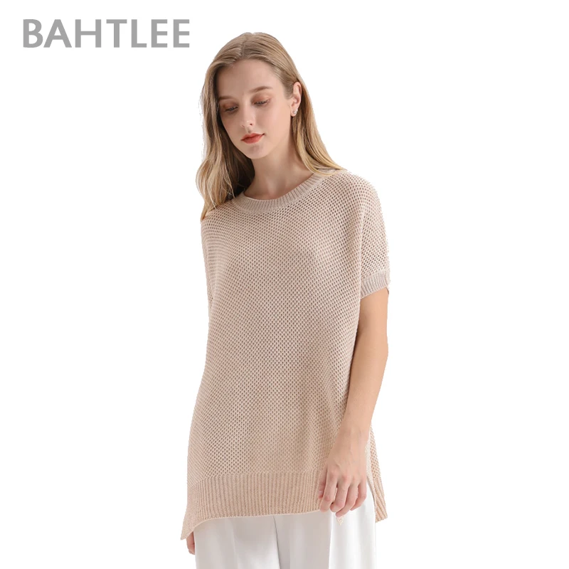 Bahtlee Summer Women Jumper Short Sleeve Knitted Pullover Sweater O-Neck T-Shirt Loose Style Hollowing Out Ventilation