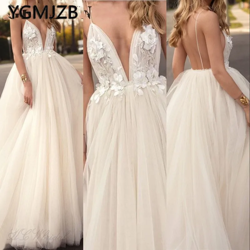 Женское свадебное платье в стиле бохо с v образным вырезом и открытой спиной