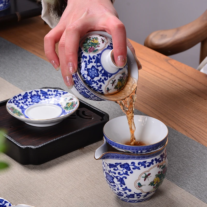 140 мл Цзиндэчжэнь сине-белый фарфор Gaiwan Крышка для чайника чаши и блюдце набор