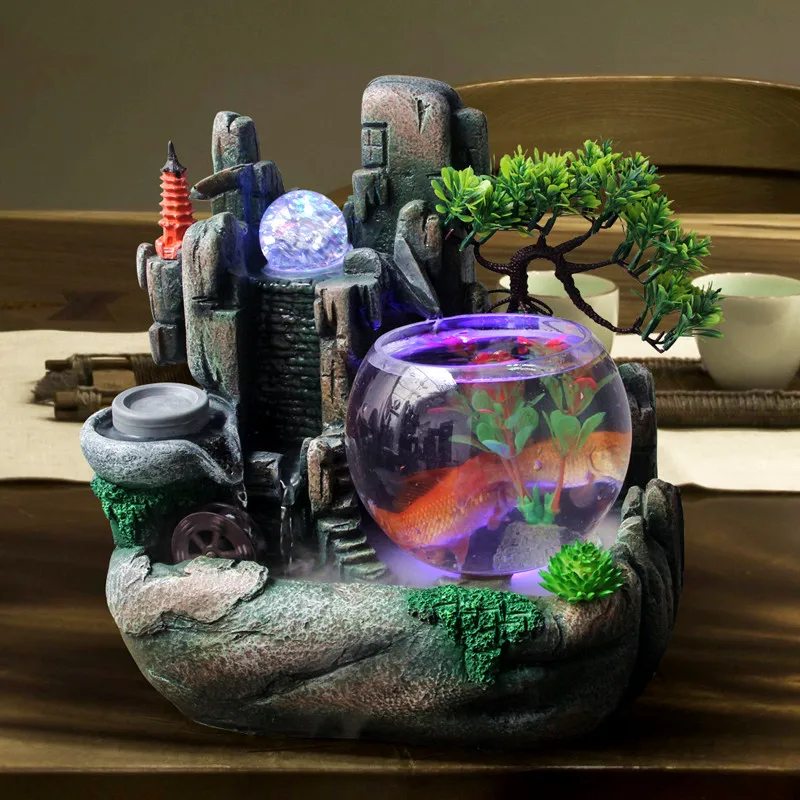 110V-220V Vintage Resin Water Fountain Small Fish Tank Office Desktop Decor Waterscape Bonsai Feng Shui Ornament Crafts | Дом и сад