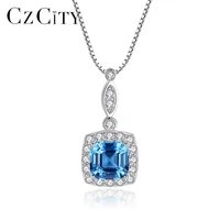 czcity solid 925 sterling silver necklaces pendants for women gemstone sky blue topaz engagement wedding kolye femme gift sn0306
