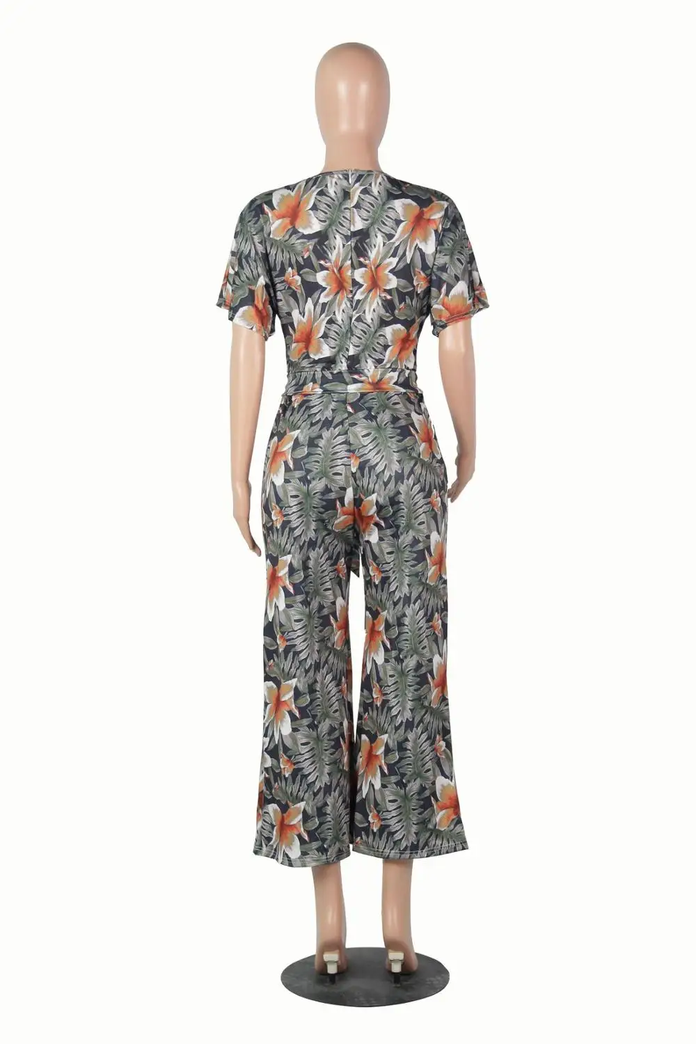 

Yellow Flora Print Half O-Neck Belt Corset Loose Fashion Women Jumpsuits Female Playsuits Casual Women Rompers