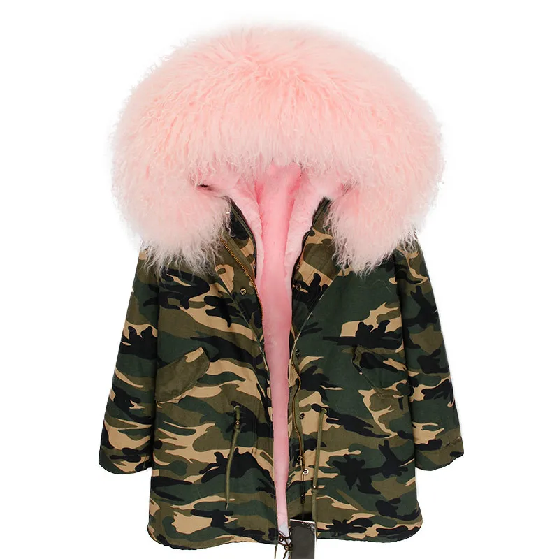 camouflage pink Натуральное меховое пальто OFBUT зимняя куртка женская длинная парка натуральный монгольский овечий меховой капюшон, воротник Толстая теплая уличная Фирменная Новинка - Цвет: camouflage pink