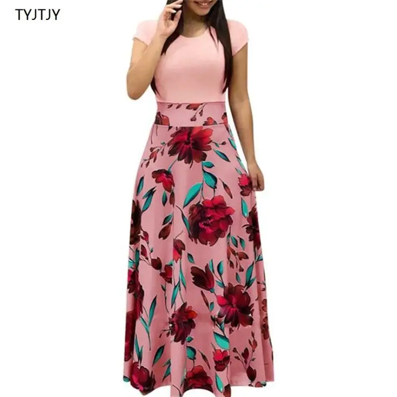 Женское длинное платье макси с цветочным принтом повседневное пляжное коротким