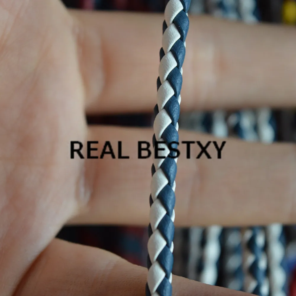 Настоящий BESTXY 5 м/лот 4 мм синий + белый Кожаный Плетеный шнурок для браслетов