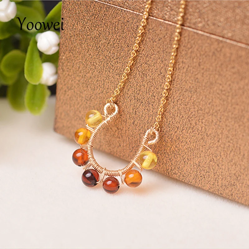 

Yoowei Wholesale Baltic Amber Necklace Original Round Beads U Shape Natural Amber Jewelry Gorgeous Gifts 14k Yellow Gold Bijoux