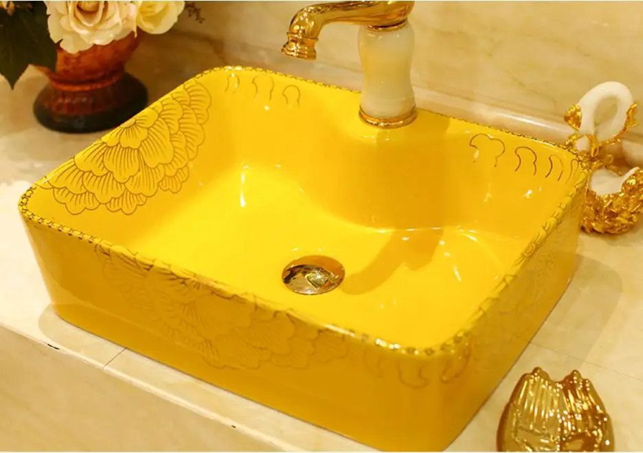 

Porcelain Cloakroom Rectangular Wash Basin Lavabo Countertop Sink Vessel Bathroom Hand Paint Art Wash Sink LGQ032