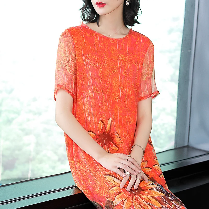 Fashion 2019 New Summer Dresses Women Casual Imitate Read Silk Print Slim Dress Short Sleeve O-Neck Loose Chinese Style | Женская одежда