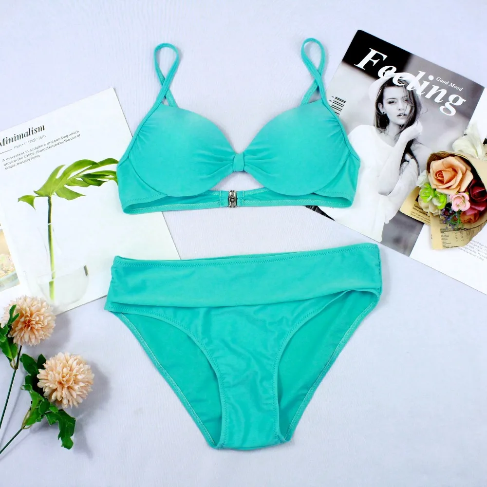 Однотонный комплект бикини синее 2019 mujer раздельный купальник купальный костюм с