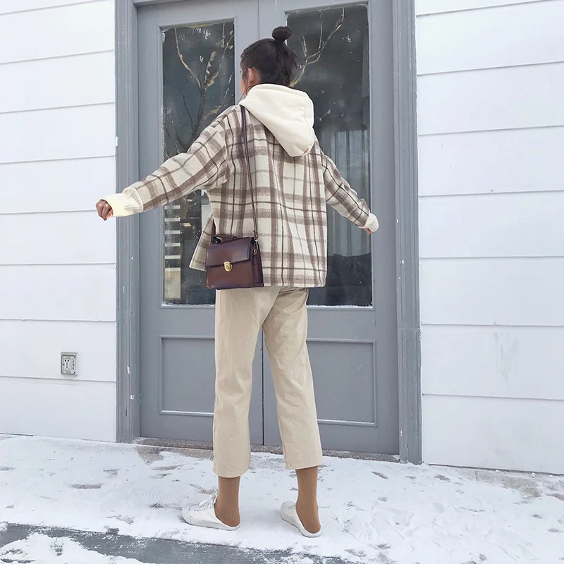 Женские толстовки с капюшоном, зимние, теплые, в клетку, с принтом, толстые, плюс бархат, водолазка, свободные, Женская толстовка, корейский стиль, трендовая, Harajuku, новинка