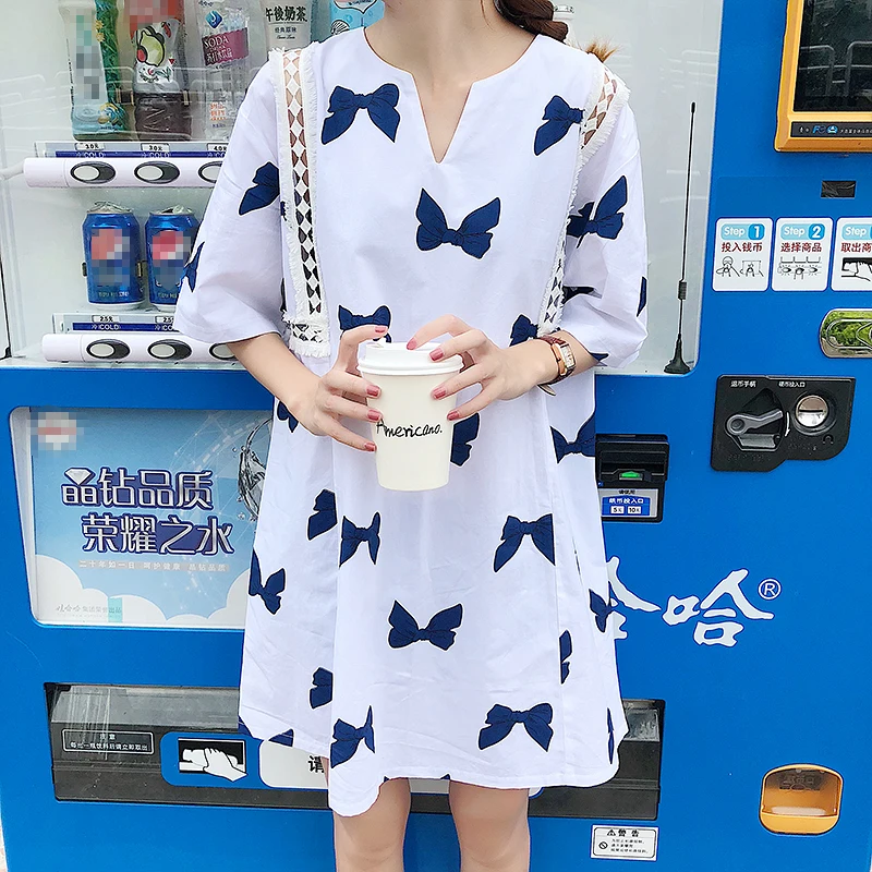 sweet summer new v-neck short sleeve lace hollow out bow print straight mini-dress fashion brand Korean style Women's Clothing | Женская