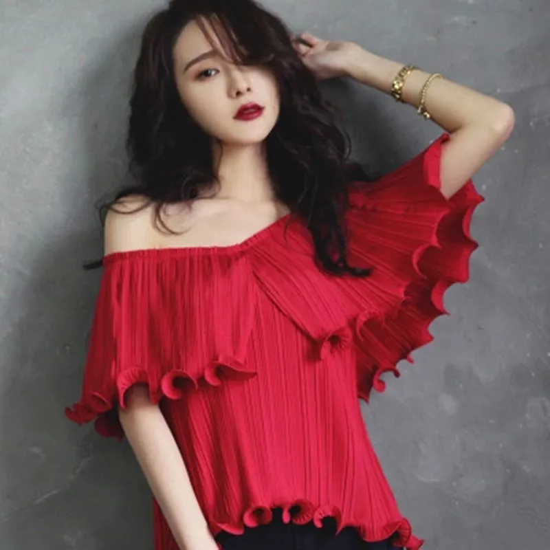 

Summer Slash Neck Ruffled Chiffon Shirt Korea Fashion Ladies Tops loose Off Shoulder Top Harajuku Women Blouse Top