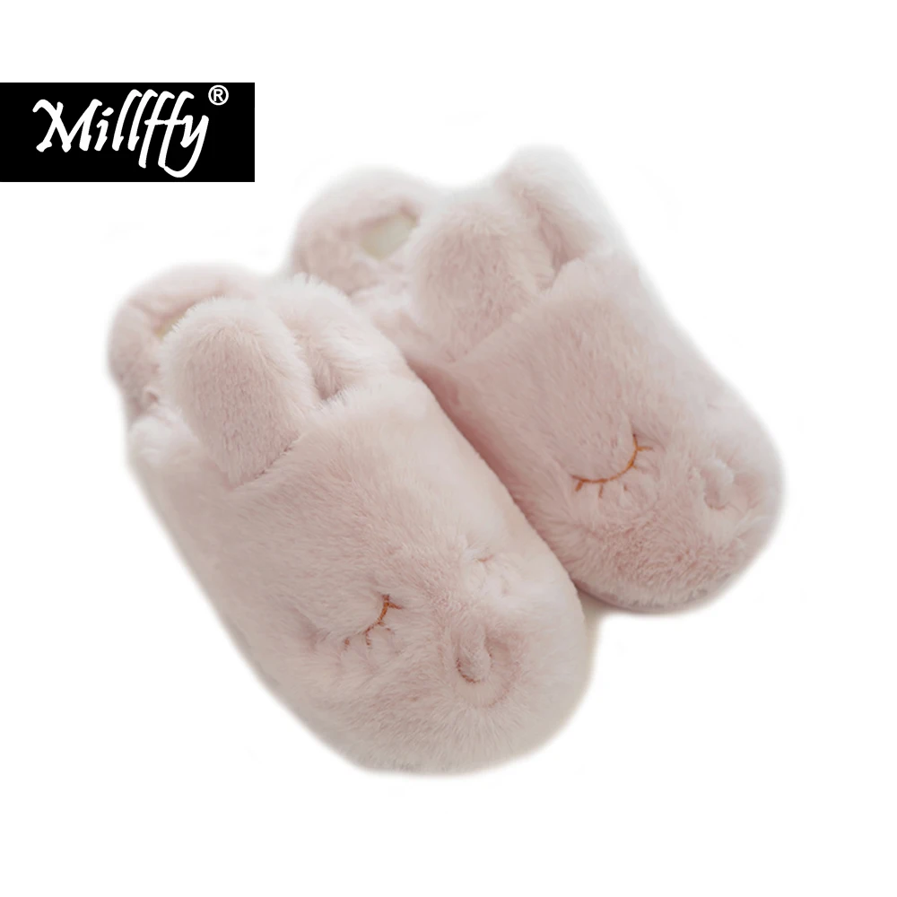 Мягкие зимние теплые тапочки Millffy новинка нежный розовый кролик Женская широкая