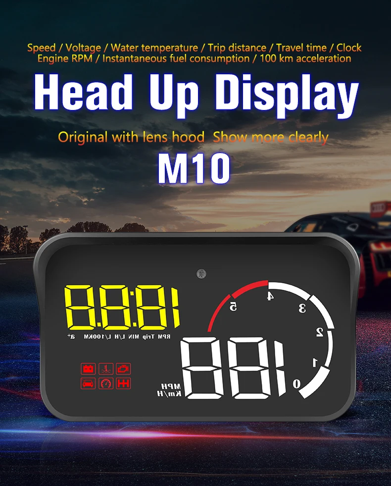 Geyiren M10 OBD2 дисплей лобовое стекло скорость проектор охранная сигнализация температура воды над скоростью об/мин с блендой объектива