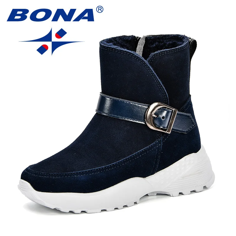Deep blue BONA/теплые детские зимние ботинки для детей; коллекция года; сезон осень; Новая удобная зимняя детская обувь для мальчиков; милые ботинки для девочек на нескользящей плоской подошве с круглым носком - Цвет: Deep blue