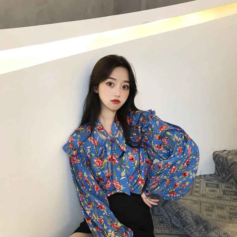 Korobov 2019 New Fashion O-Neck Long Sleeve Blouse Flower Print Ruffles Korean Shirt Vintage Blusas Mujer Chiffon Shirts 77223 |