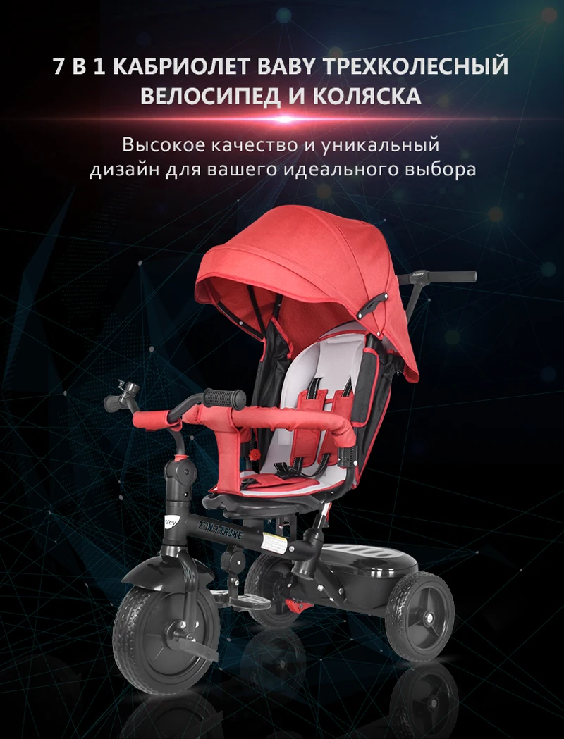 Besrey Kids Trike 7 в 1 трехколесная детская коляска на колесиках с вращающимся и откидывающимся сиденьем для детей