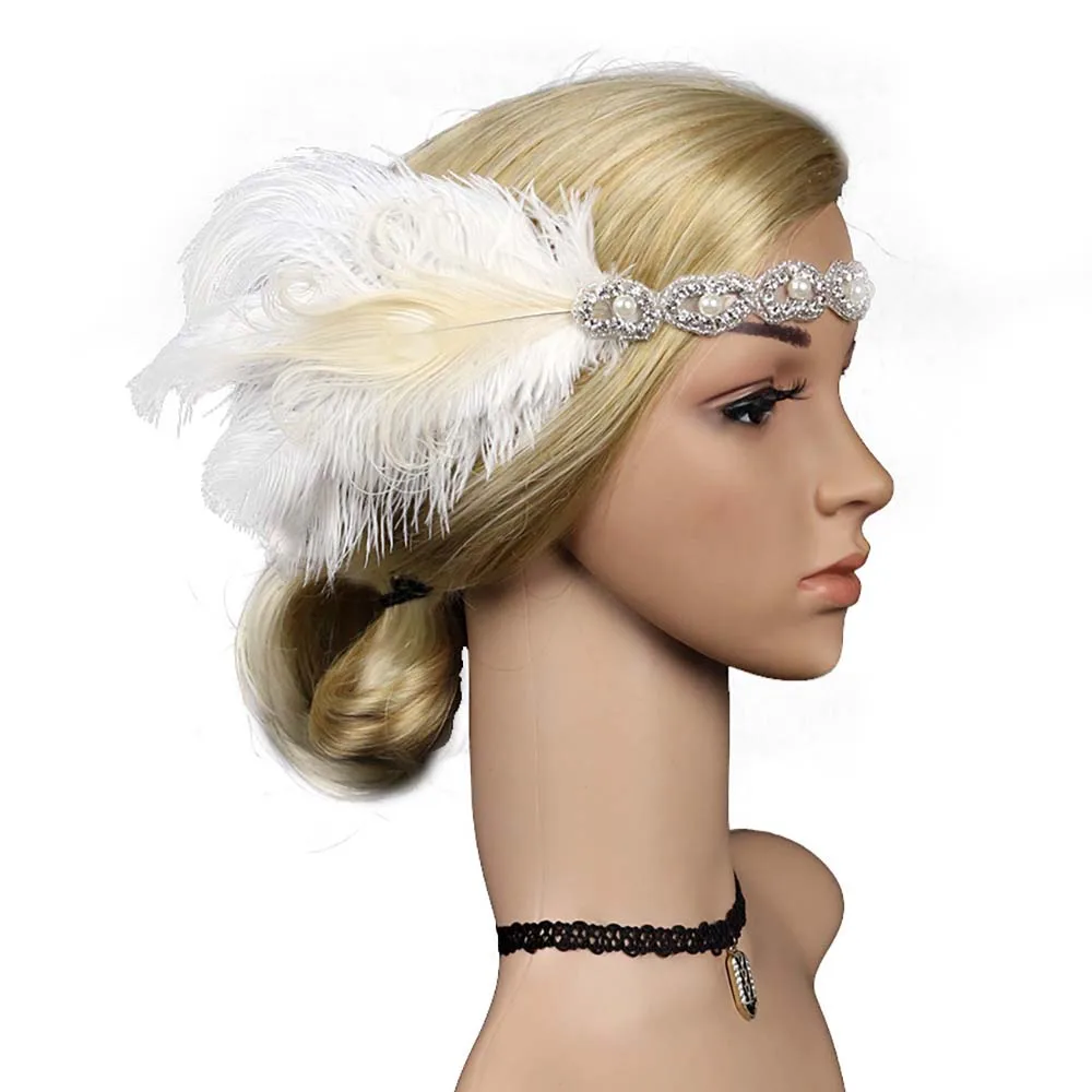 1920s Great Gatsby Хлопушки ободки люкс стразы головной убор с павлиньими перьями Хлопушки Девушка драгоценность Аксессуары для волос - Цвет: White
