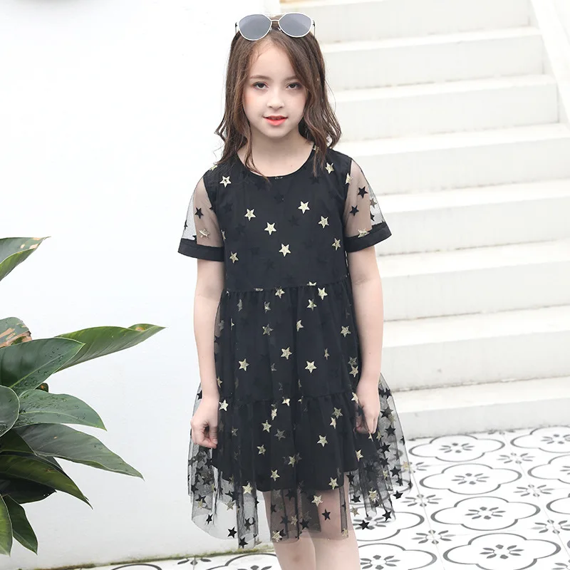 Summer Dress 2019 New Children's Princess Black Short-sleeved Cotton+Mesh Star Teenage Girl Clothing 10 12 14 Years | Детская одежда