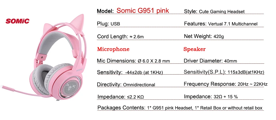 SOMIC G951 розовые кошачьи наушники виртуальной 7,1 с шумоподавлением, игровые наушники, вибрация, светодиодный, USB гарнитура, наушники для девочек, для ПК