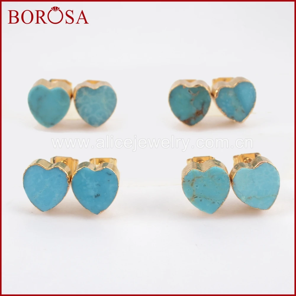 BOROSA новая мода Druzy золотой цвет натуральная бирюза сердце серьги гвоздики для