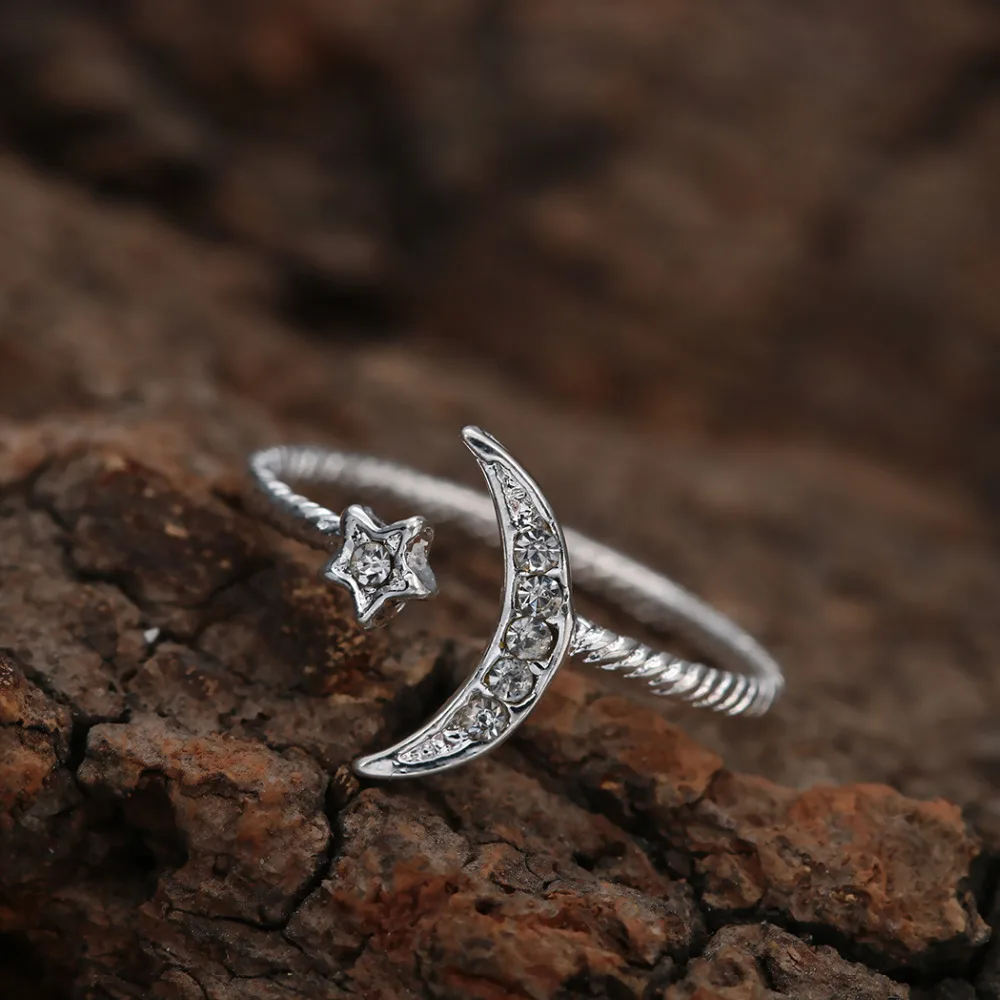 Kinitial Wholesale Crescent Moon and Star Ring Moonstone Sailor Women Wedding Open Austrian Crystal Jewelry | Украшения и