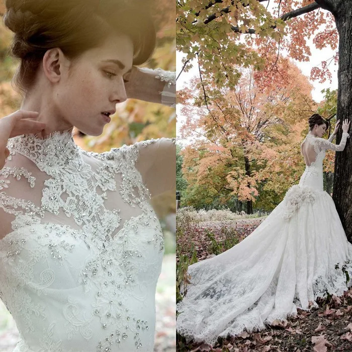 Романтический длинные свадебные платья 2017 Высокая Шея рукава аппликации кружева