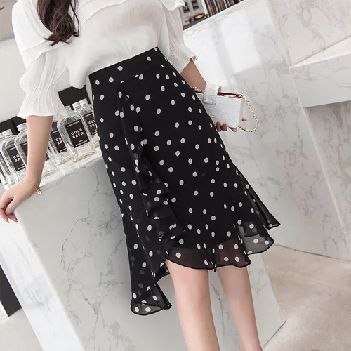Юбки Женские faldas mujer moda юбки женские большие размеры в горошек harajuku Корейская черная юбка Повседневная юбка с высокой талией 2688 50 - Цвет: Wave point