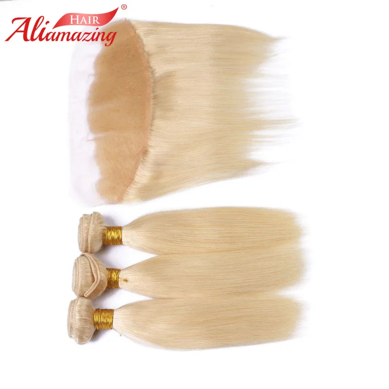 

Ali Amazing Hair 613 Blonde Brazilian Silky Straight Human Hair Bundles with 13x4 Preplucked Frontal Natural Hairline