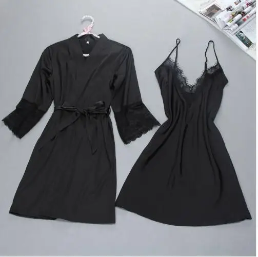 

brand sexy women's robe & gown sets twinest bathrobe + mini night dress two pieces sleepwear womens sleep set faux sil