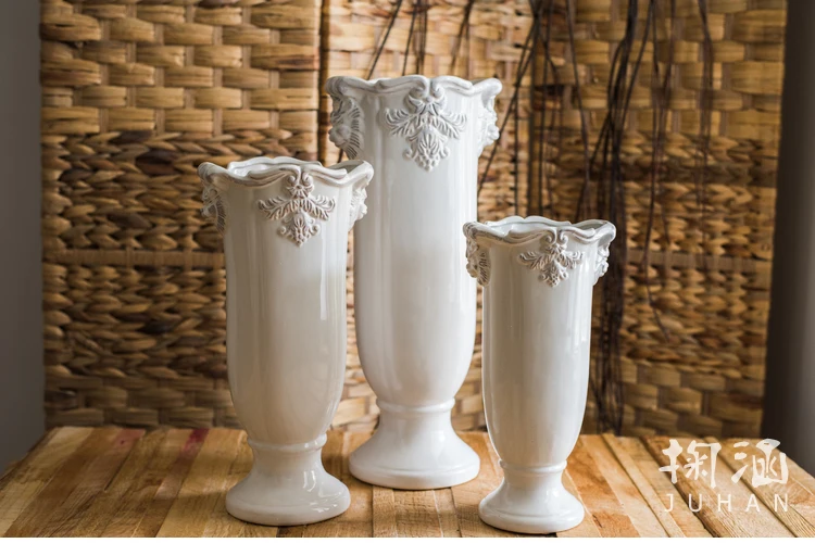 French classic retro white ceramic vase home office decoration, pedestal, flower pot crafts wedding party decoration