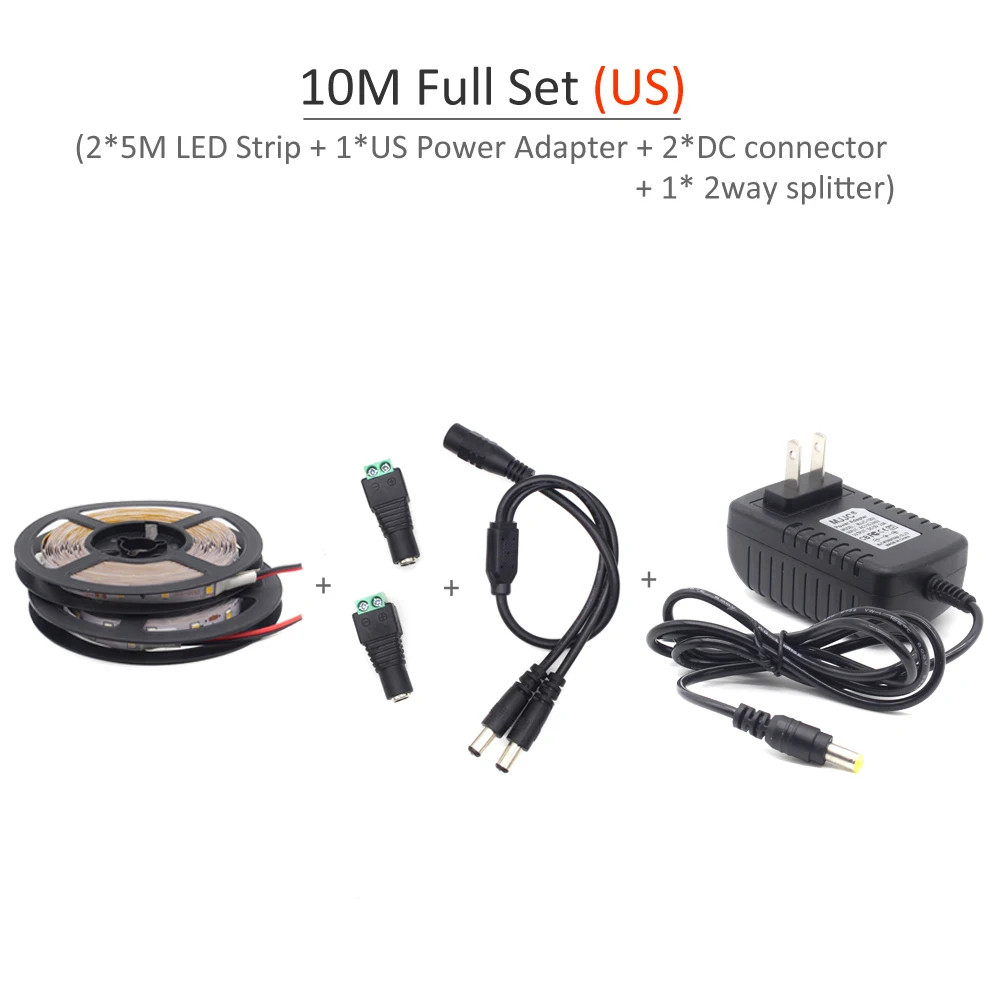 10M Full Set(US) Светодиодная лента 12 в 5 м Водонепроницаемая светодиодная лента e 10 м RGB лента SMD 2835 теплый белый 12 вольт лента Tira смещенное освещение Гибкая ТВ лампа - Испускаемый цвет: 10M Full Set(US)