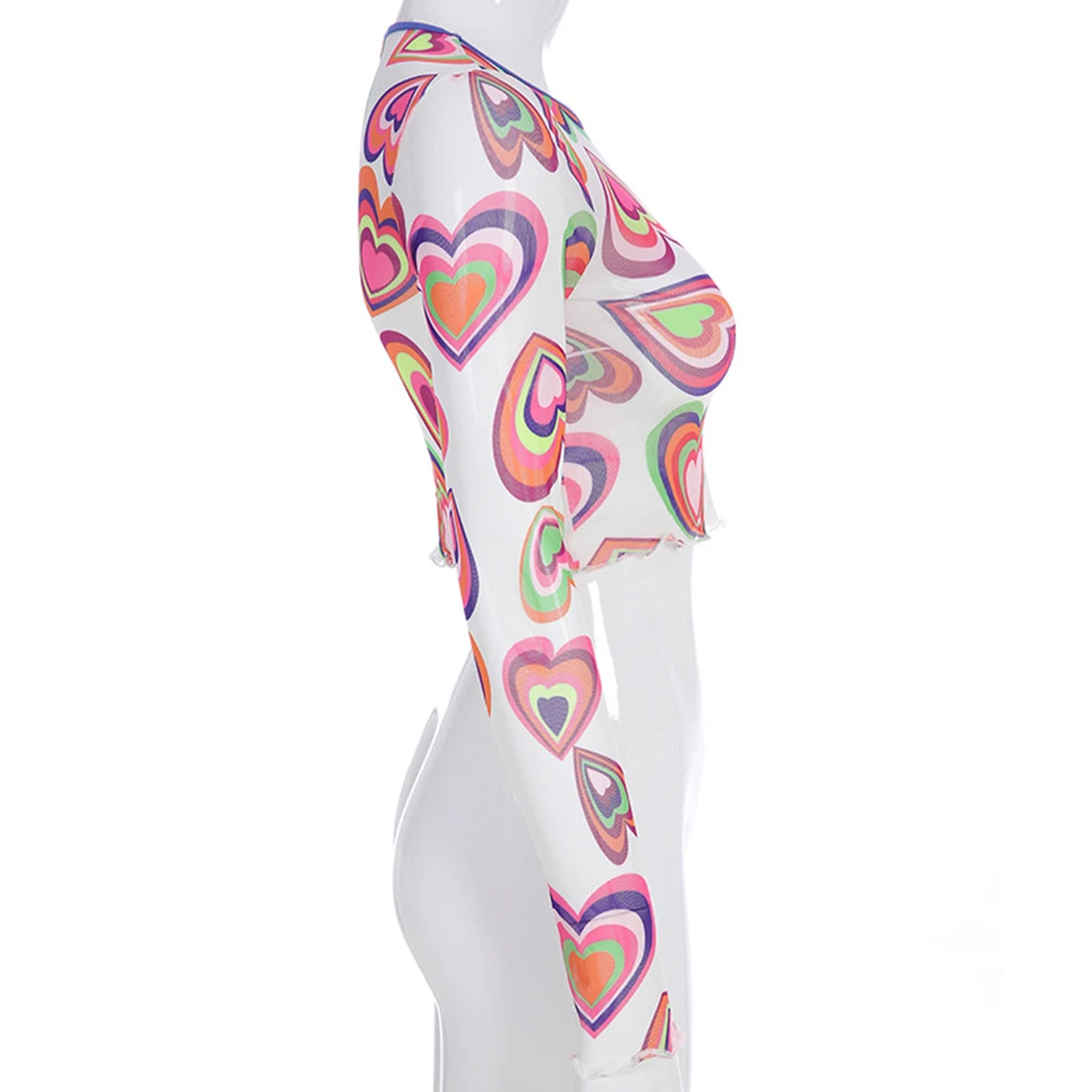 Кроп футболка в сеточку с принтом сердца Прозрачная Сексуальная женская длинным