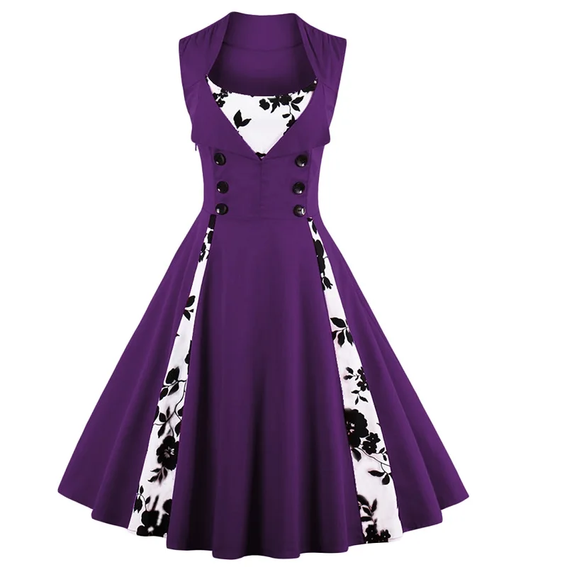 

Red purple robe pin up sukienka Women retro sleeveless print patchwork double-button swing dress frocks Robe vintage rockabilly