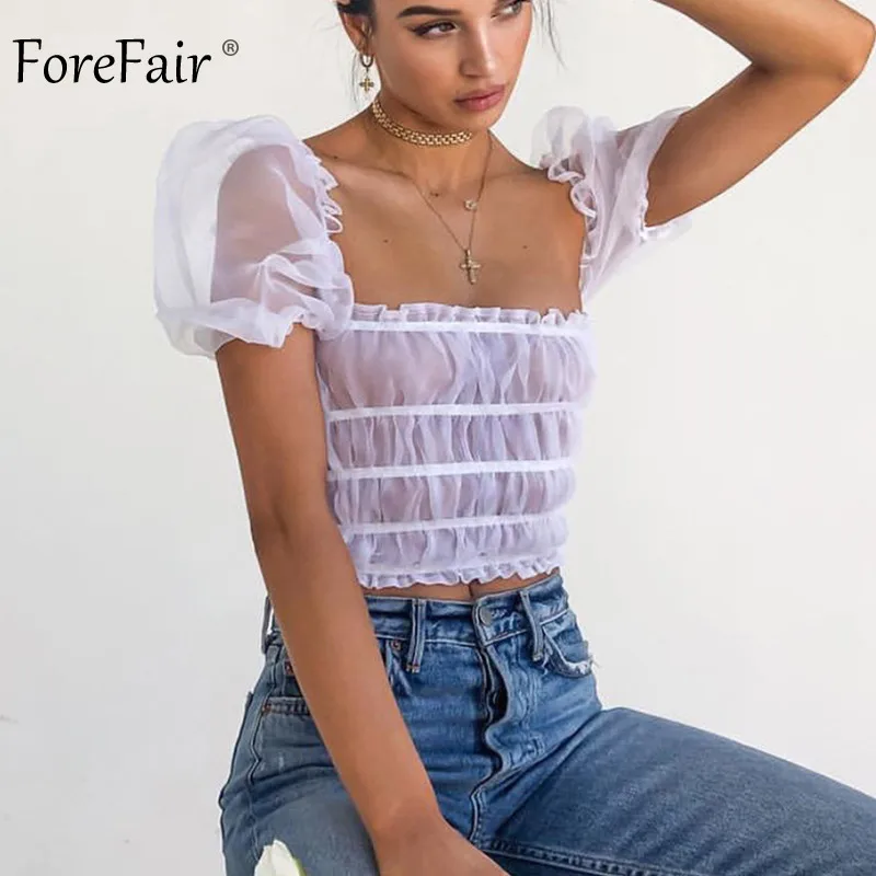Forefair сексуальный топ с пышными рукавами Белый Летний прозрачный открытыми
