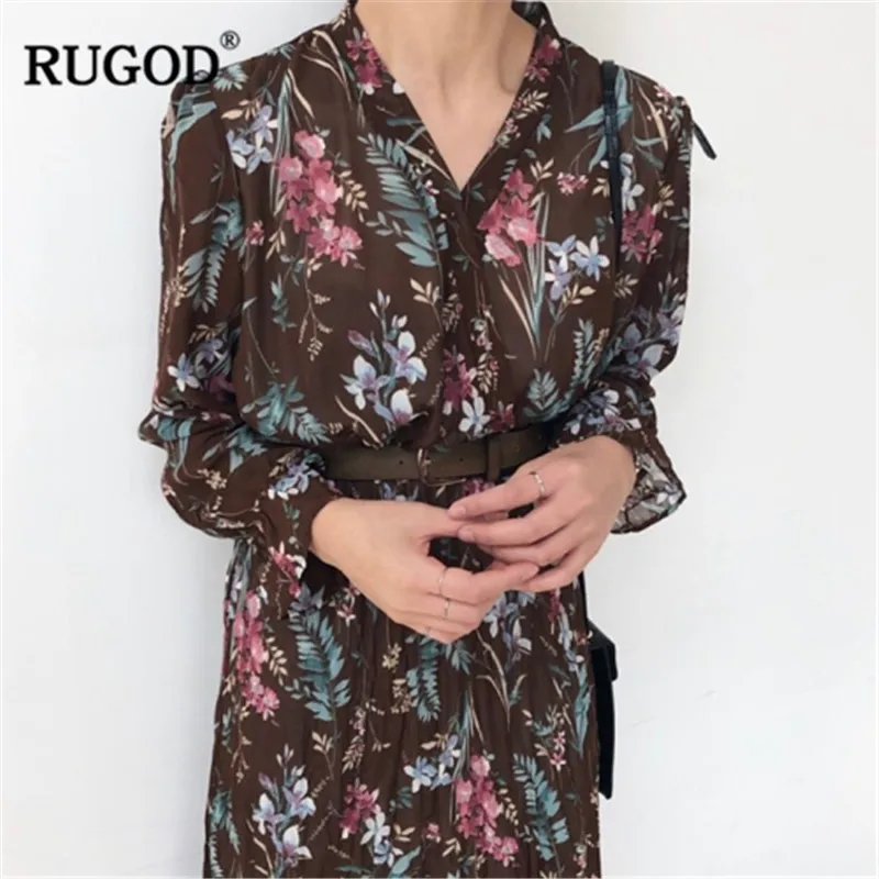 RUGOD платье летнее Винтаж цветочный принт для женщин Мода V образным вырезом
